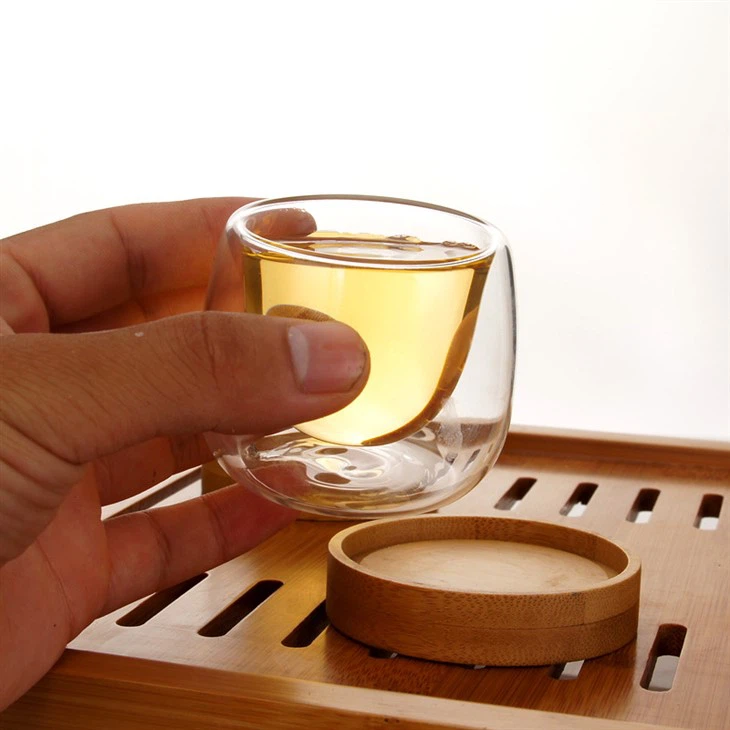 Double Walled Glass Cup With Wooden Tray