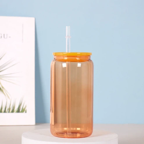 Candy Colored Cola Glass Mug With PP Lid And Straw